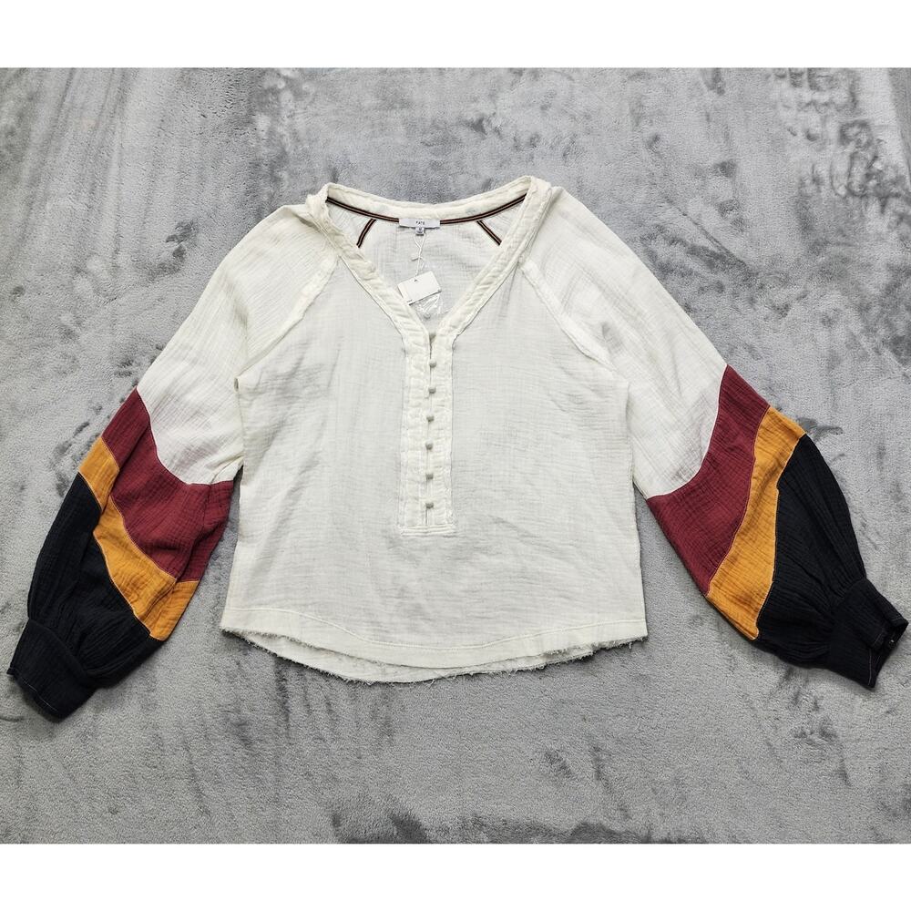 NEW Fate Top Women M Cream Colorblock Balloon Sleeve Cotton Gauze Boho Lagenlook